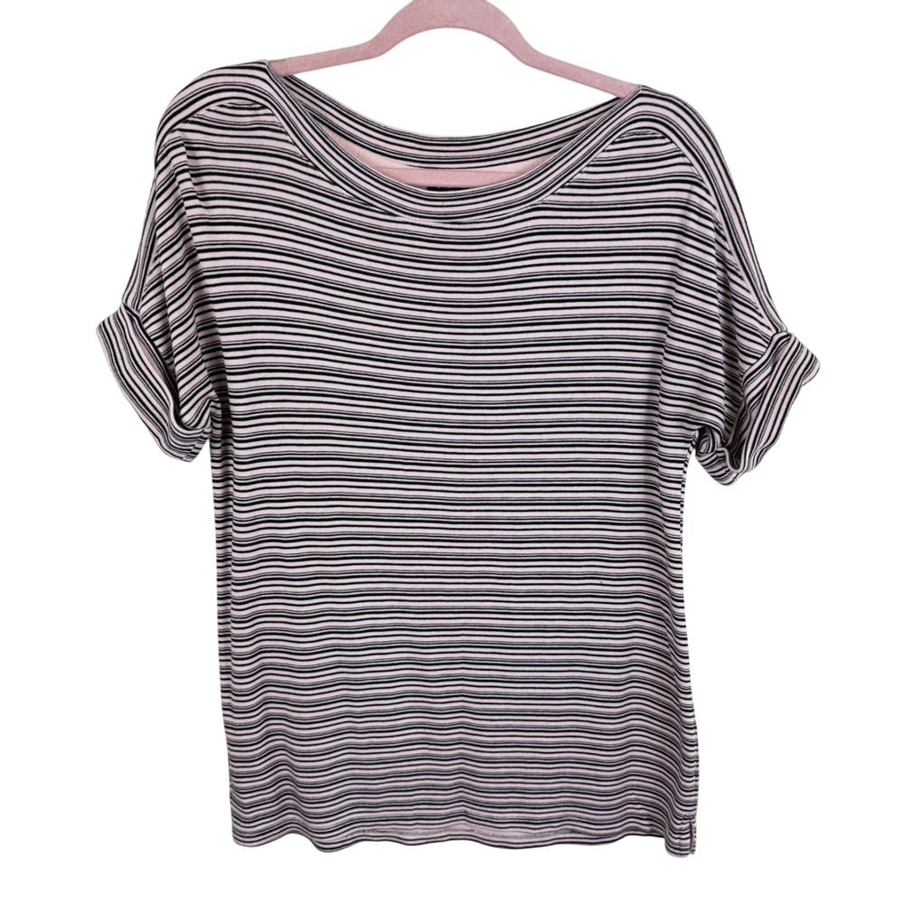 Talbots Womens Medium Pink Black Striped Boat Neck Cuffed Short Sleeve Knit Top